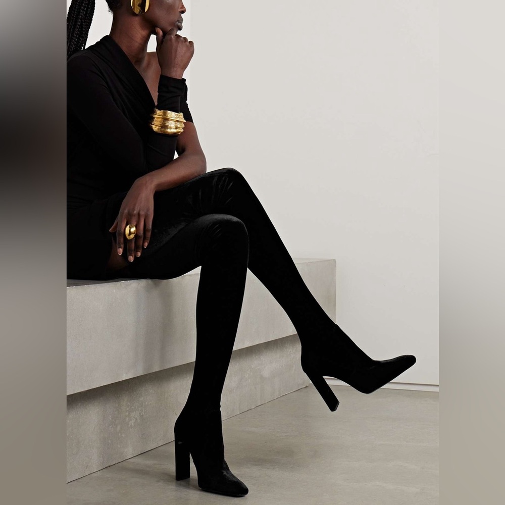 SAINT LAURENT Auteuil Over The Knee Velvet Stretch Boots In Black Size 39